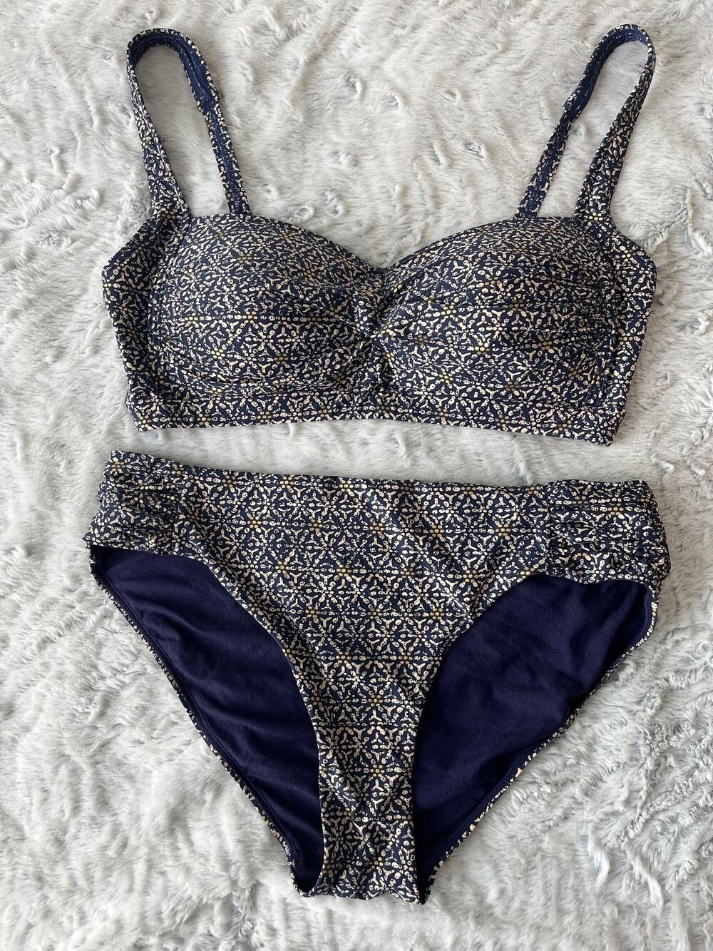 Nip Tuck Swim Bikini Set Women's US 8 Navy Gold Print Ruffle Underwire